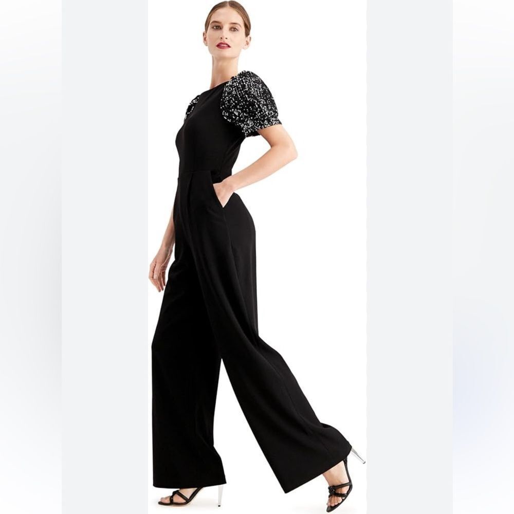Calvin Klein Sequined Puff Short Sleeve Black Jumpsuit Women's Size 8 Pockets